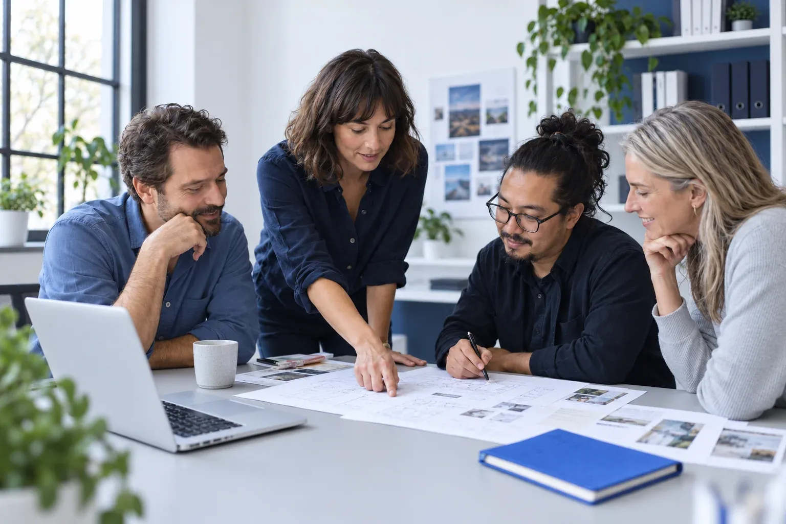 Four colleagues reviewing a project plan in a sunlit small-business studio
